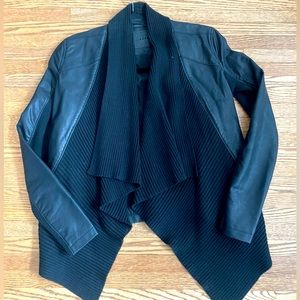 Black drape front faux leather sweater/jacket.